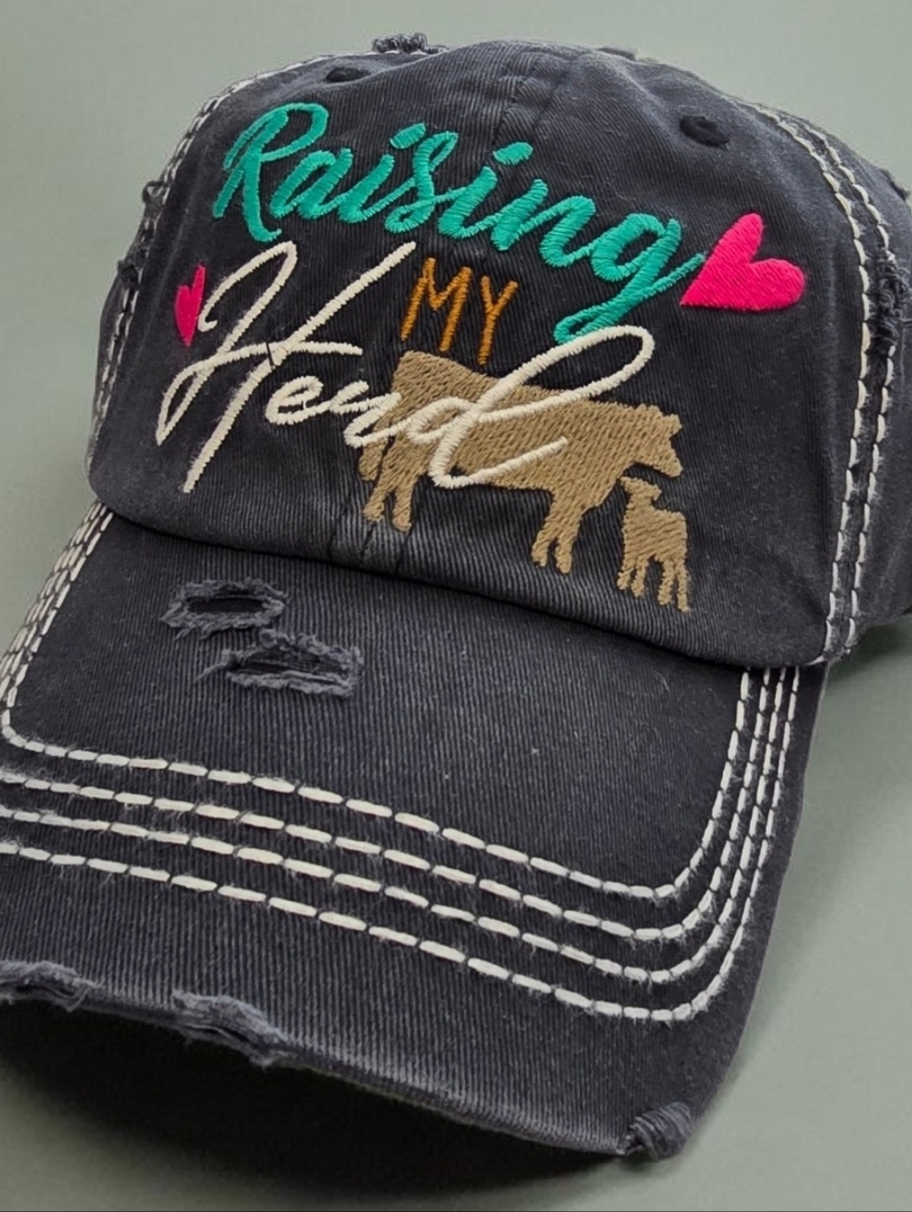 Embroidered 'Raising My Herd' Distressed Baseball Cap - Charcoal